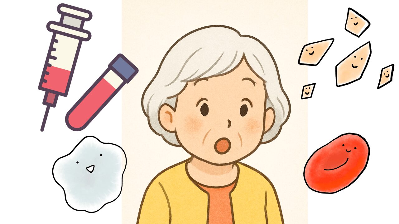 Surprised old woman and syringe