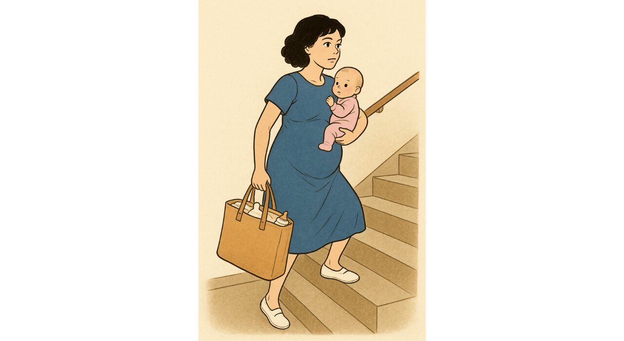 A woman in her final month of pregnancy climbing the stairs
