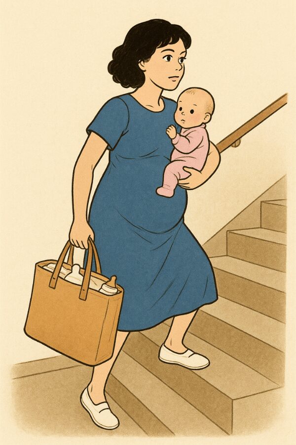 A woman in her final month of pregnancy climbing the stairs